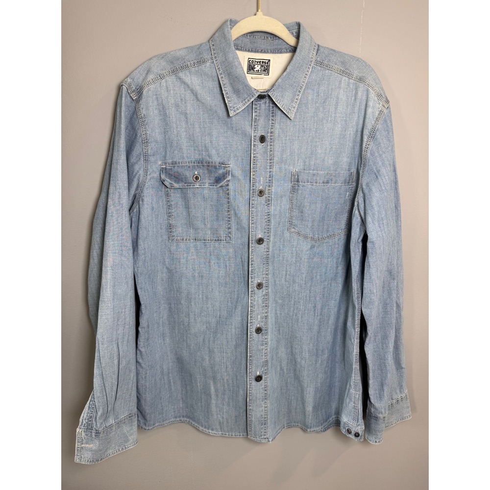 Converse One Star Mens Large Light Wash Denim Chambray Long Sleeve Button Shirt